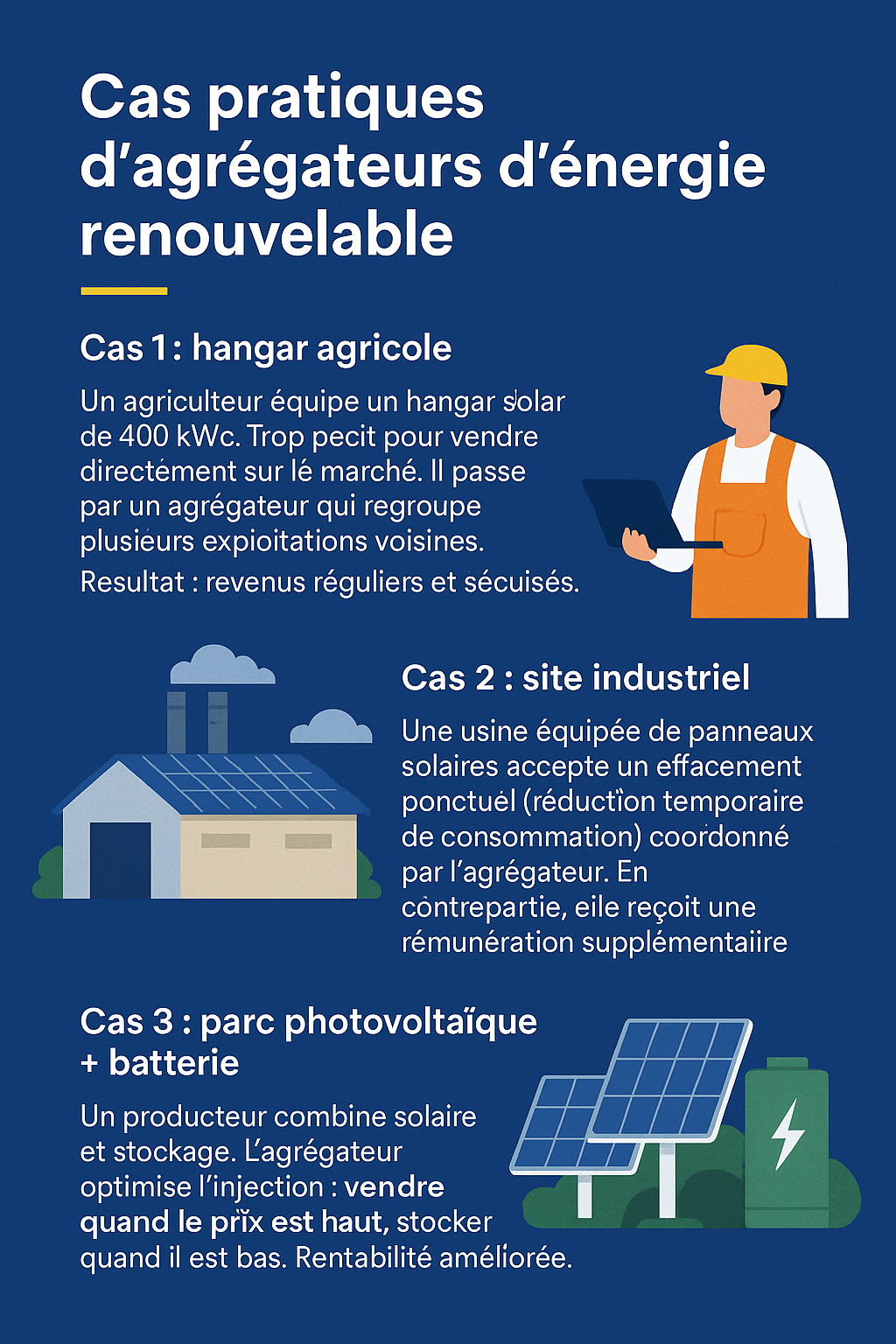 lustration montrant un producteur solaire sécurisant ses revenus grâce à un agrégateur d’énergie renouvelable.