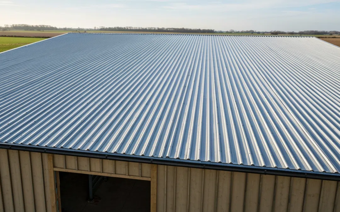 Image réaliste d’un bâtiment agricole moderne équipé d’une toiture bac acier, vue légèrement en contre-plongée. Structure en charpente acier ou bois, bardage sobre, couleurs naturelles. La toiture bac acier doit être parfaitement visible : plaques métalliques nervurées, propre, récente, reflets légers. Environnement rural : champ autour, ciel clair, lumière naturelle. Style professionnel, net, détaillé, aucune présence humaine. Ambiance journée, rendu photo haute définition.