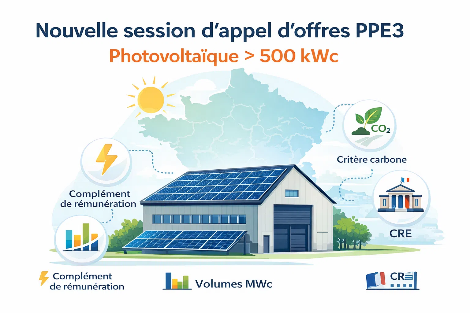 🖼️ VISUEL 2 — Mécanisme du complément de rémunération 🎯 Titre Comment fonctionne le complément de rémunération ? 📍 Placement Section “Le complément de rémunération”. 🎨 Concept Schéma pédagogique : Producteur → Marché de l’électricité → Prix de marché ↓ État → Complément si prix < tarif cible Graphique simple avec : courbe de prix de marché ligne horizontale “prix cible AO” zone de compensation 🧩 Objectif Rendre compréhensible en 5 secondes un mécanisme complexe.